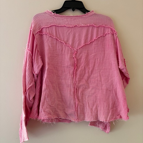 POL Pink Raw Hem Henley Button Front Distressed Gauze Top Size S - Picture 2 of 4